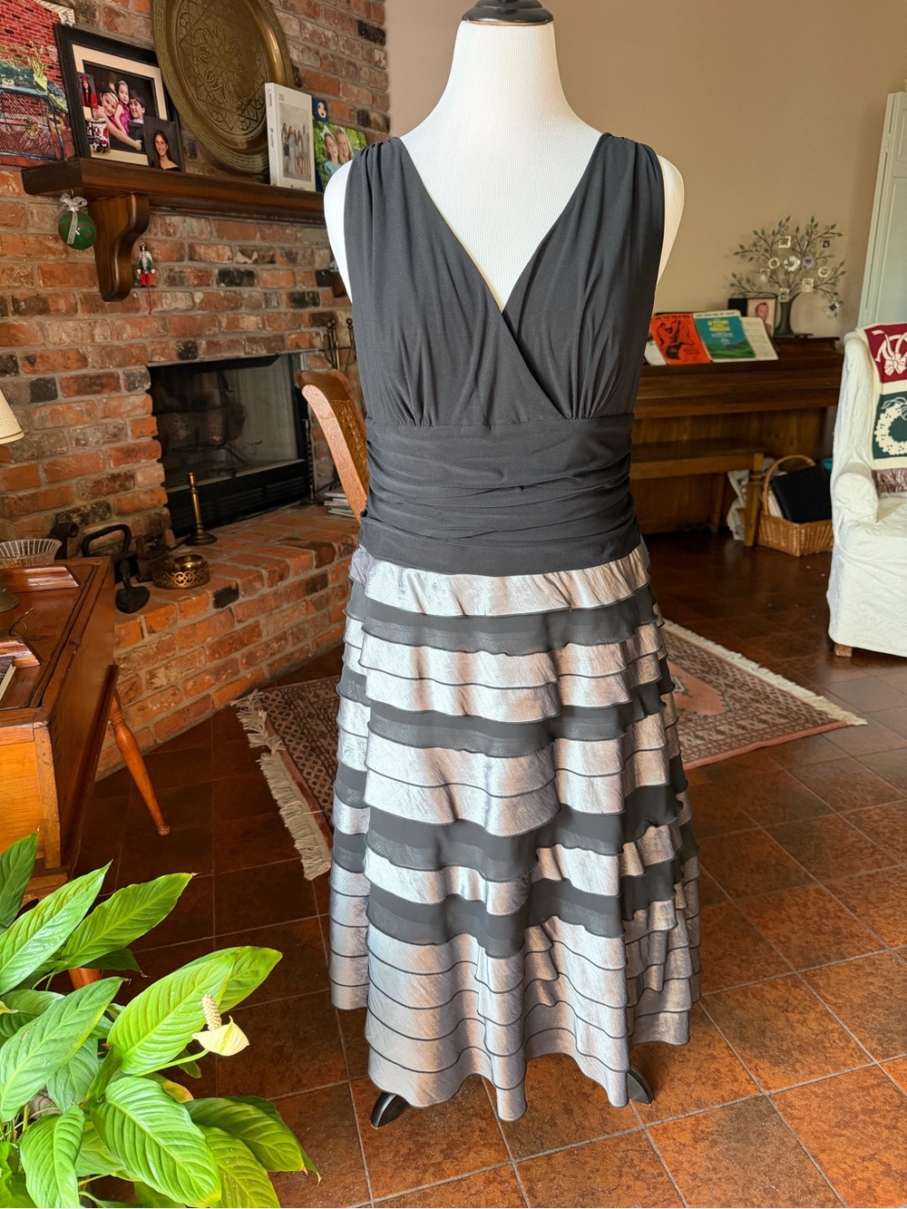 S.L. Fashions Black and Silver V-Neck Tiered Midi Dress
